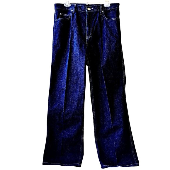 Uniqlo Blue Jeans Medium Rise Wide Leg Straight Dark Wash Denim NEW - Picture 4 of 13